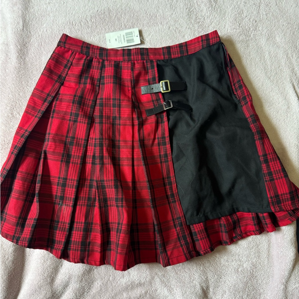 Hot Topic Red and Black Asymmetrical Plaid Skirt